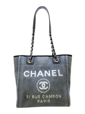 Chanel Navy canvas logo print Deauville tote bag