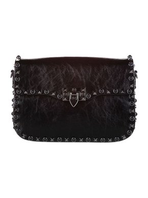 Valentino Garavani Black aged leather Rolling Rockstud saddle bag