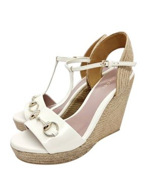 Gucci White leather Horsebit wedge heeled sandals