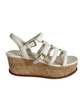Prada Saffiano Leather Cork Wedge Sandals