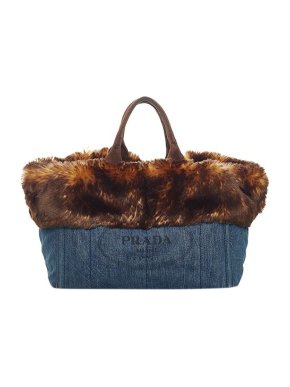 Prada Brown shearling & denim Canapa Logo tote bag