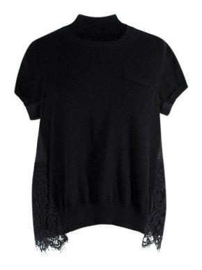 Sacai Short Sleeve Knitted Top With Lace  Hem