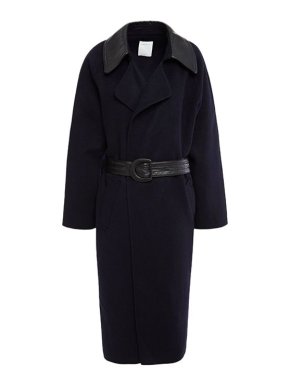 Sandro Navy wool leather collar belted coat