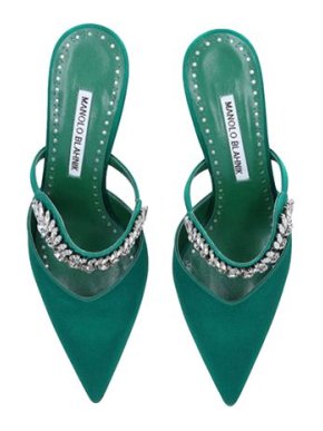 Manolo Blahnik Emerald Satin Sky 50 Crystal Mules