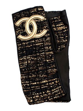 Chanel black & Gold leather & tweed fingerless gloves - size 7