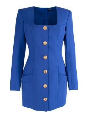 Balmain Blue Single Breasted Square Neck Fitted Dress