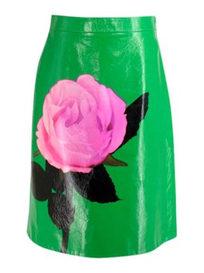Prada Green Crackled Calfskin Rose Print A-Line Skirt