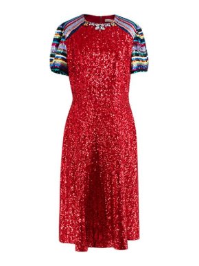 Mary Katrantzou red sequinned dress with rainbow sleeves