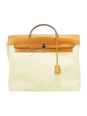 Hermes tan leather & beige canvas Herbag MM PHW