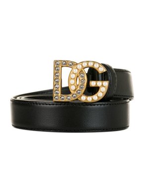 Dolce & Gabbana black leather DG crystal & faux-pearl studded buckle belt - Size 90