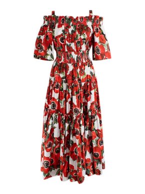 Dolce & Gabbana Poppy Print Off-Shoulder Cotton Poplin Dress