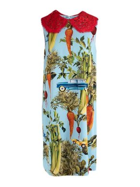Dolce & Gabbana Blue Vegetable Print Silk Dress with Lace Collar
