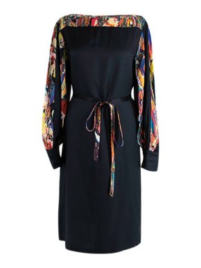 Dries Van Noten Marble Trimmed Black Satin Belted Shift Dress