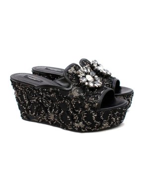 Dolce & Gabbana Black & Gold Tinsel Wedge Mules