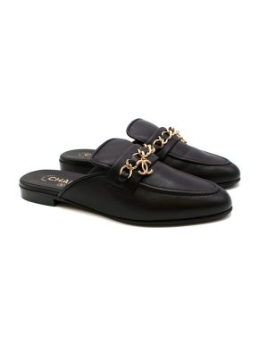Chanel Black Calfskin Chain Trim Slides