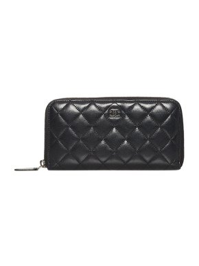 Chanel black lambskin leather quilted long wallet