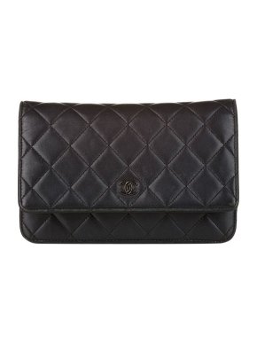 Chanel black leather quilted wallet on chain