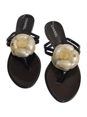 Chanel black & ivory Camelia thong sandals