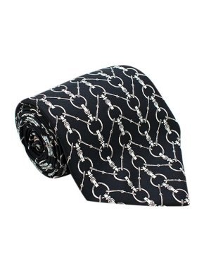 Hermes Black, Ivory & Sky Blue Equestrian Print Silk Tie