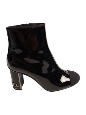 Chanel Black Patent Logo Heel Ankle Boots