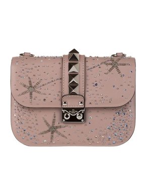 Valentino Garavani Poudre pink leather crystal embellished Glam Lock bag