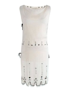 Prada cream silk crepe embellished drop waist dress