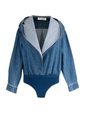 Alaia mid-wash denim hooded plunge front bodysuit