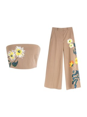 camel cotton twill handpainted floral bandeau & trousers