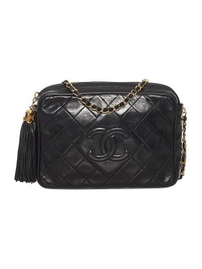 Chanel black lambskin leather quilted CC camera bag