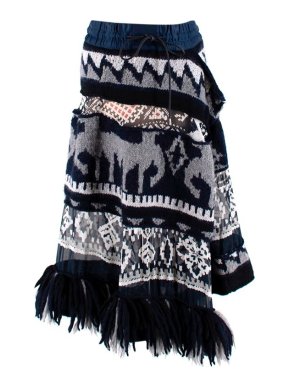 Sacai Blue & Grey Knitted Chiffon Panel Asymmetric Skirt
