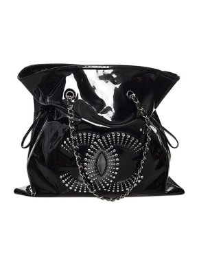 Chanel black patent leather & crystal CC Bon Bon tote bag