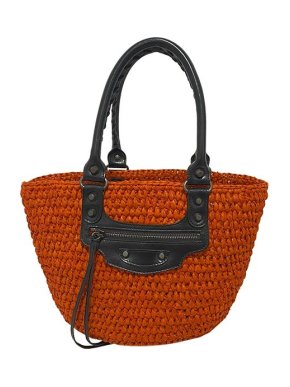 Balenciaga orange raffia & black leather Pannier basket bag