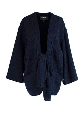 Chanel navy textured cotton tie-front cardigan