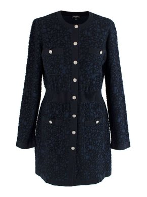 Chanel Black & Navy Boucle Camelia Motif Cardigan Dress