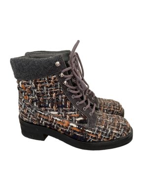 Chanel Grey Tweed Lace-Up Ankle Boots