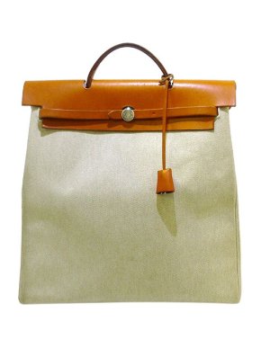 Hermes natural canvas & tan leather Herbag MM bag