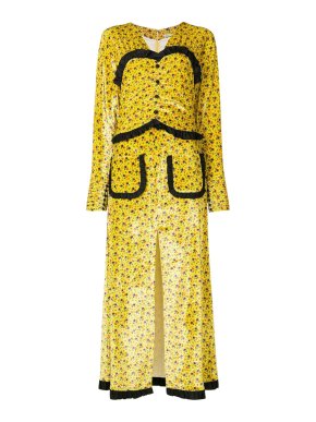 Alessandra Rich Yellow Floral Printed Velvet Tea Dress