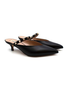 Valentino Garavani black leather rockstud strap kitten heel mules