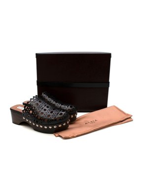 Alaia Black Laser Cut Leather & Wood Clogs