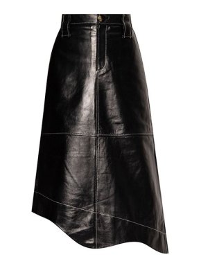 Ganni Black Leather Flared Midi Skirt