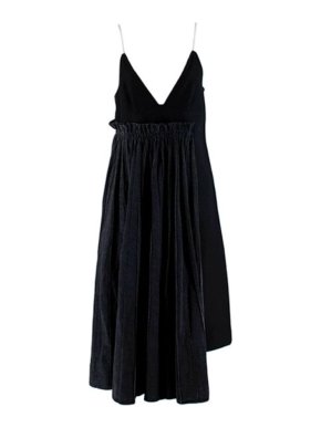 Sacai Black Wool Pleated Denim Skirt Midi Dress