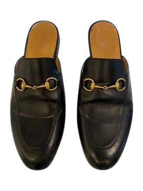 Gucci black leather Horsebit backless loafers