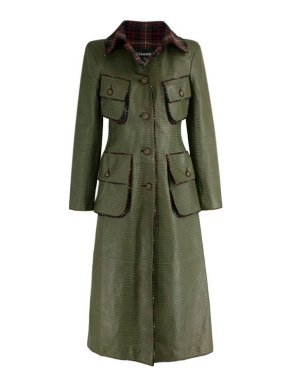 Chanel green textured leather & plaid trench coat
