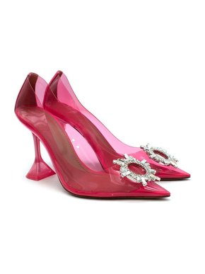Amina Muaddi pink PVC & crystal embellished Begum Glass heeled pumps