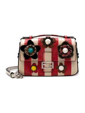 Fendi red, white & navy snakeskin floral applique Micro Double Baguette bag