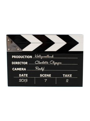 Charlotte Olympia black & white acrylic movie slate box clutch bag