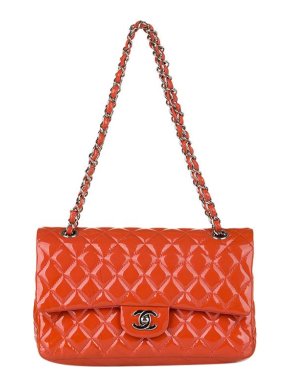 Chanel orange patent leather quilted double flap bag