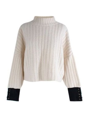 Skiim Black Leather Cuff Cream Knitted Jumper