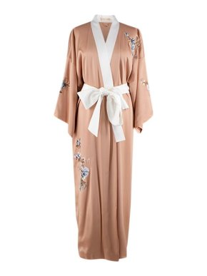 Olivia Von Halle The Queenie Forbidden Blush Silk Satin Floral Embroidered Luxury Robe