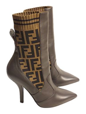 Fendi grey leather & FF stretch-knit heeled boots